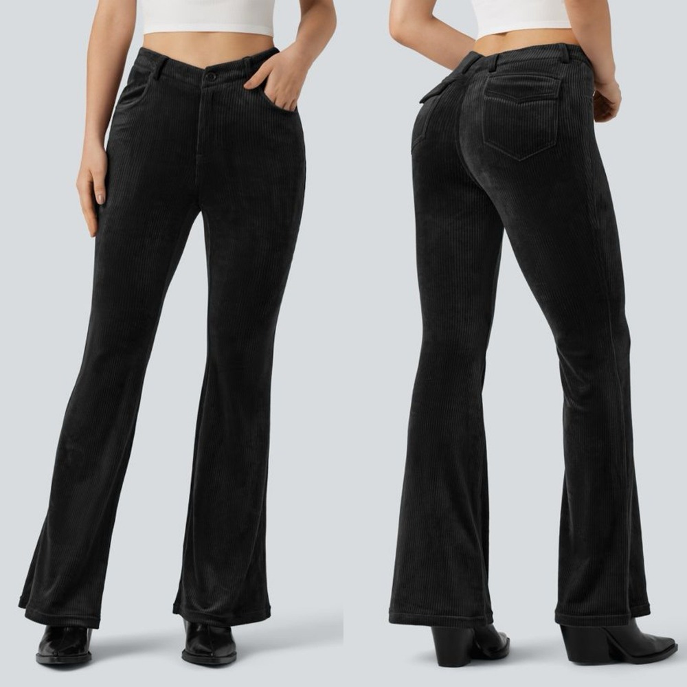 Halara NWT Black Ribbed Velvet V-Shaped High Waisted Casual Flare Pants sz M